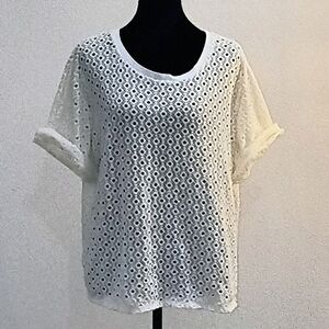 Anthropologie White Floral Eyelet Short Sleeve Tee